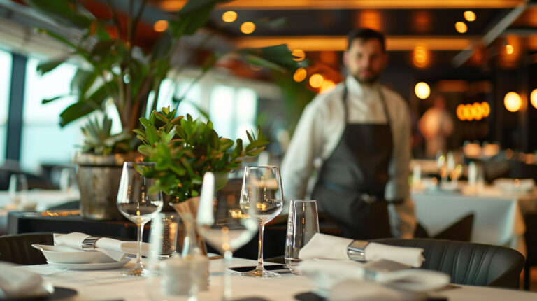 Carnival Red Frog Pub Menu 2024: Waiter at a Caribbean-themed cruise restaurant setting with elegant dining tables and green plants.