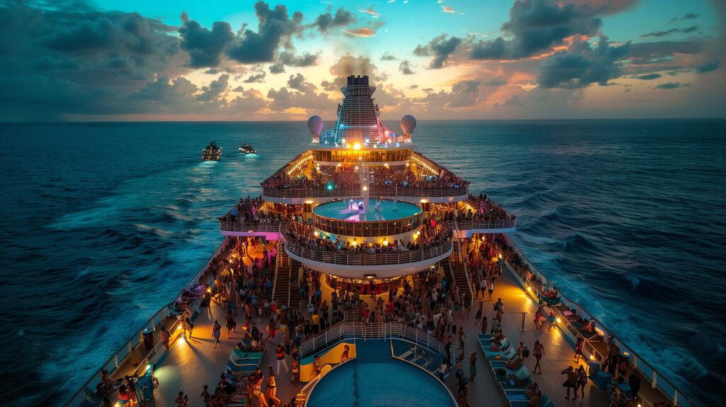 man overboard icon of the seas: Passengers enjoying the deck on Icon of the Seas during sunset