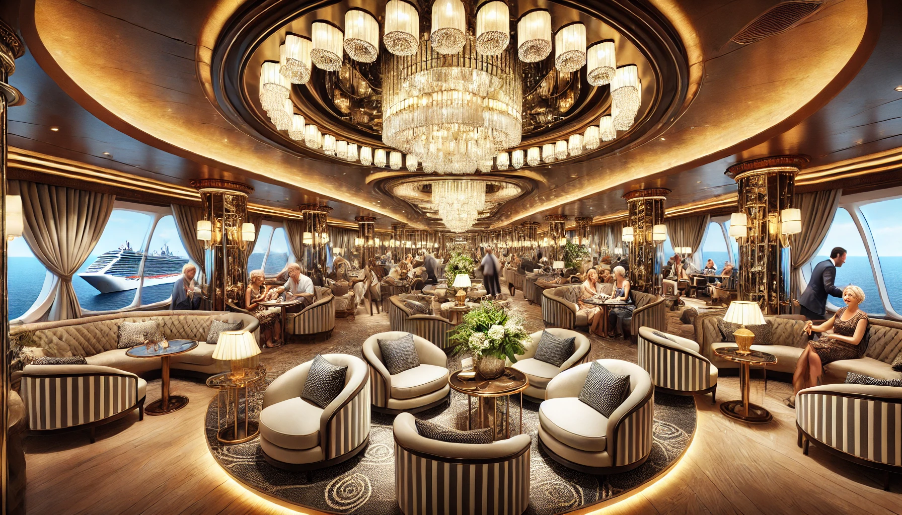 DALL·E 2024-10-12 15.17.31 - A luxury cruise lounge with elegant lighting, plush seating, chandeliers, and passengers relaxing for the carousel section of a cruise blog homepage