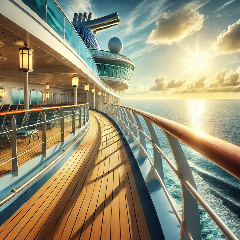 Royal Caribbean Cruise ship with safety railings on a calm ocean day