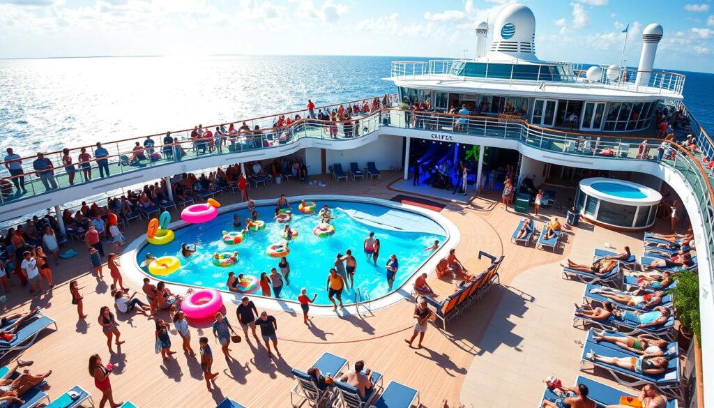 MSC Cruise review Guests enjoying poolside entertainment on an MSC cruise ship with vibrant pool activities and sun loungers