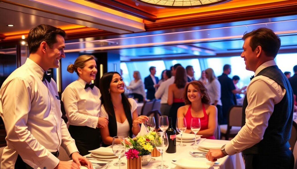 MSC cruise reviews staff engaging with guests in a dining setting, ensuring excellent service during the cruise.