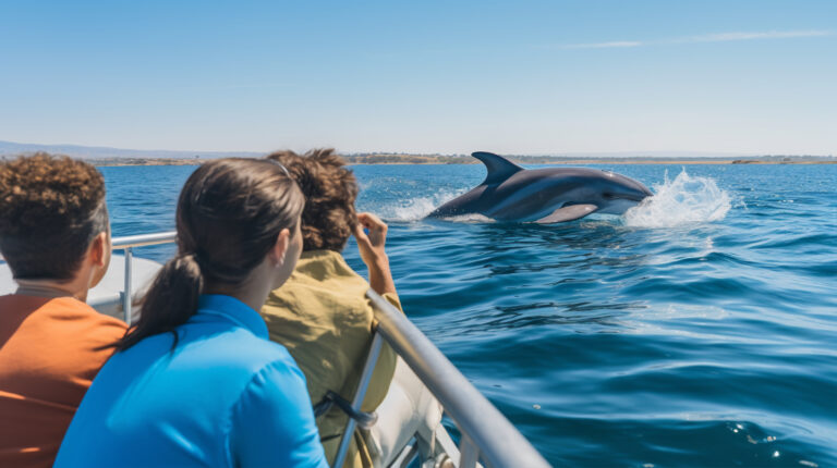 Group of people watching dolphins swim from the Southern Star cruise Destin