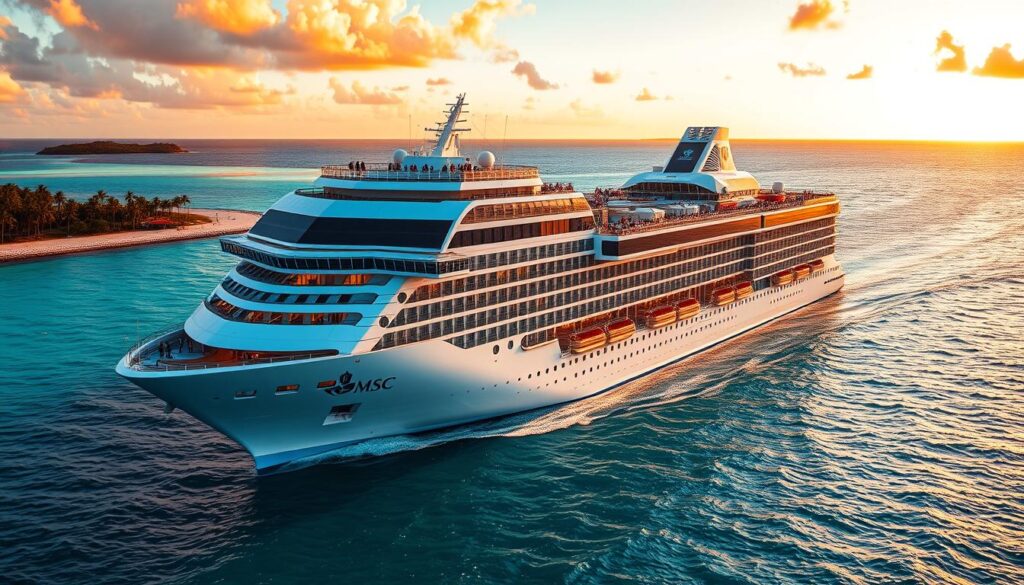 MSC cruise ship sailing in the Mediterranean at sunset, comprehensive MSC cruise reviews, 2024